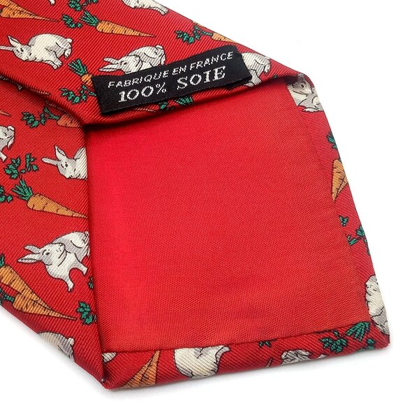 Men's Tie Sanglier Paris 100% Silk Red Rabbit Carrot Pattern Made In France 59"L - Picture 8 of 9